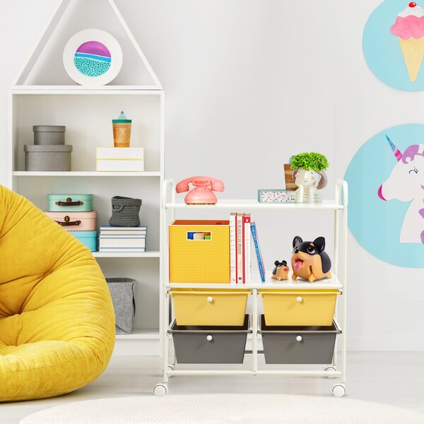 Costway Carrello multiuso con ruote, Carrello con 4 cassettiere e 2 piani per cucina bagno 63,5x37x75cm Giallo