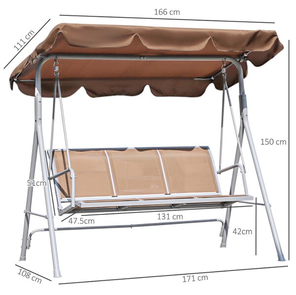 Outsunny Dondolo da Giardino a 3 Posti in Metallo, Tetto Parasole Rimovibile e Lavabile, Marrone e Argento, 171x108x154cm|Aosom