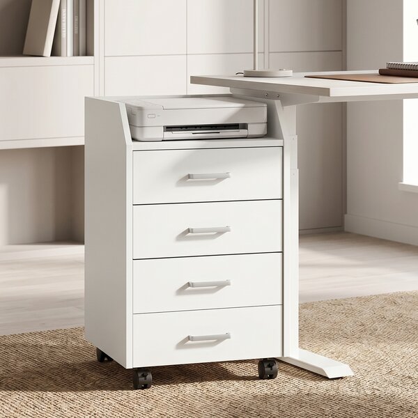 Vinsetto Cassettiera da Ufficio in Legno con 4 Cassetti, Ruote e Bordi Rialzati, 40x36x65cm, Bianco