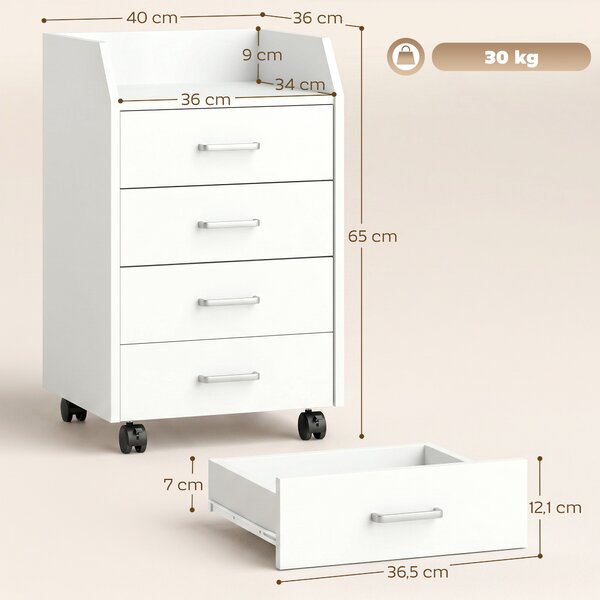 Vinsetto Cassettiera da Ufficio in Legno con 4 Cassetti, Ruote e Bordi Rialzati, 40x36x65cm, Bianco