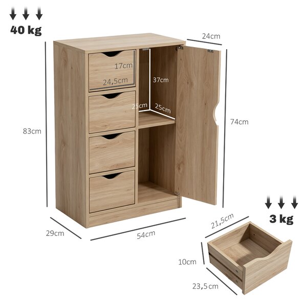 HOMCOM Mobile Bagno con 4 Cassetti, Armadietto a 2 Livelli e Maniglie Ritagliate, in Truciolato, 54x29x83 cm|Aosom