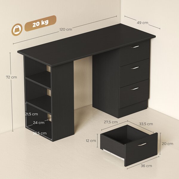HOMCOM Scrivania Moderna PC con 3 Ripiani e 3 Cassetti per Camera e Ufficio, in Legno MDF, 120x49x72 cm, Nera | Aosom Italy