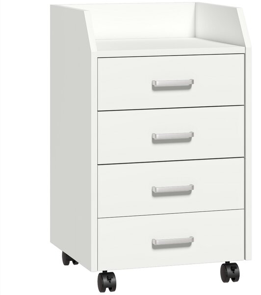 Vinsetto Cassettiera da Ufficio in Legno con 4 Cassetti, Ruote e Bordi Rialzati, 40x36x65cm, Bianco