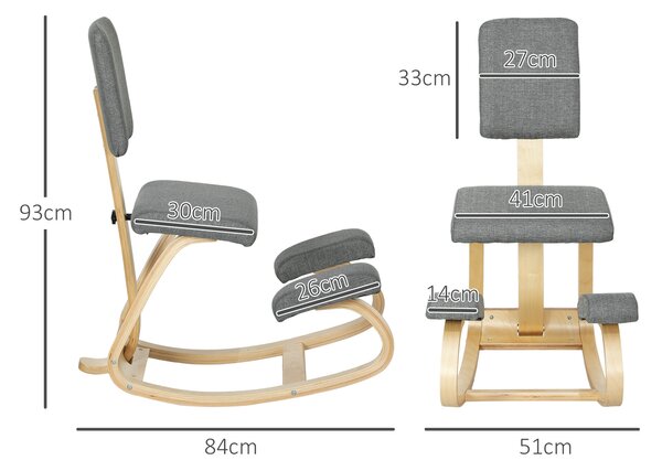 HOMCOM Sedia Inginocchiatoio con Movimento a Dondolo, in Tessuto Effetto Lino e Legno di Betulla, 51x84x93 cm, Grigio