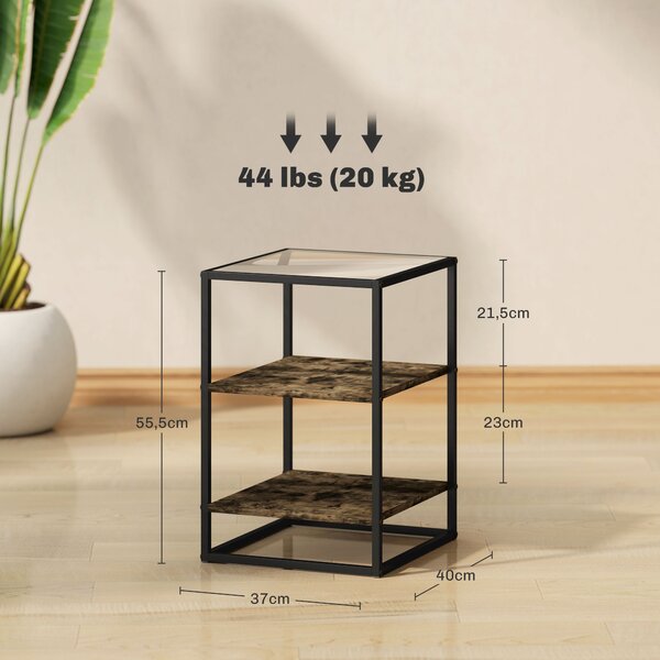 HOMCOM Set 2 Tavolini da Soggiorno a 3 Livelli in Legno e Metallo con Piano in Vetro Temperato, 37x40x55.5 cm, Marrone