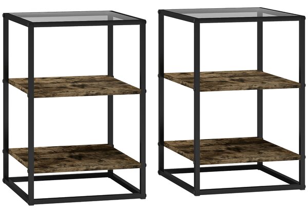 HOMCOM Set 2 Tavolini da Soggiorno a 3 Livelli in Legno e Metallo con Piano in Vetro Temperato, 37x40x55.5 cm, Marrone