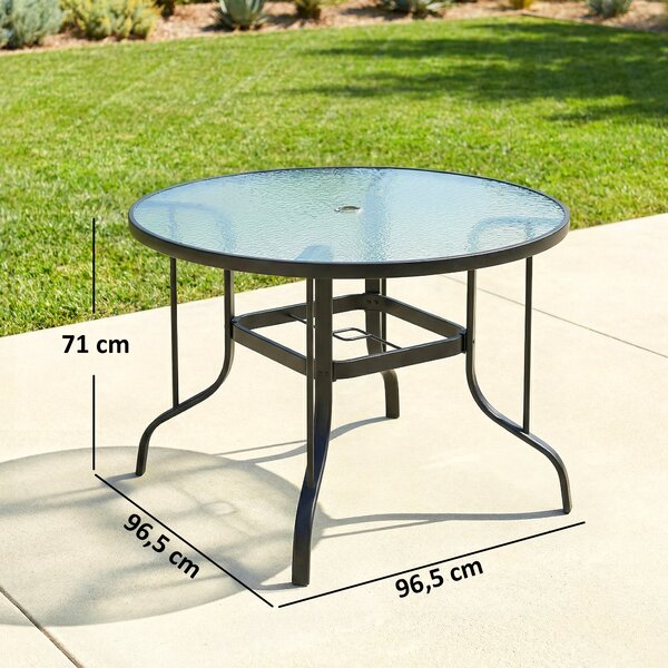 Outsunny Tavolino da Giardino Rotondo con Foro per Ombrellone, in Metallo e Vetro Temperato, Ø96.5x71 cm, Nero