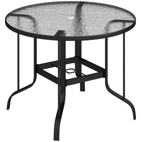 Outsunny Tavolino da Giardino Rotondo con Foro per Ombrellone, in Metallo e Vetro Temperato, Ø96.5x71 cm, Nero