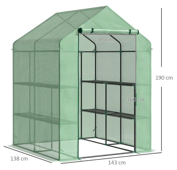 Outsunny Serra da Giardino con Scaffali, Copertura in PE e Porta Avvolgibile, Struttura in acciaio, Copertura in PE 143x138x190cm, Verde|Aosom Italy
