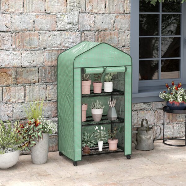 Outsunny Mini Serra da Giardino con Copertura in PE, 3 Ripiani e Ruote, 69x49x130cm, Verde|Aosom