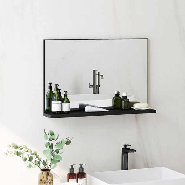 Kleankin Specchio Bagno da Parete con Mensola Design Moderno e Multiuso, 60x12x40 cm, Nero | Aosom Italy