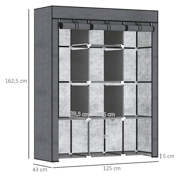 HOMCOM Guardaroba in Tessuto non Tessuto e Acciaio con 8 Ripiani e 2 Barre, 125x43x162.5 cm, Grigio Carbone