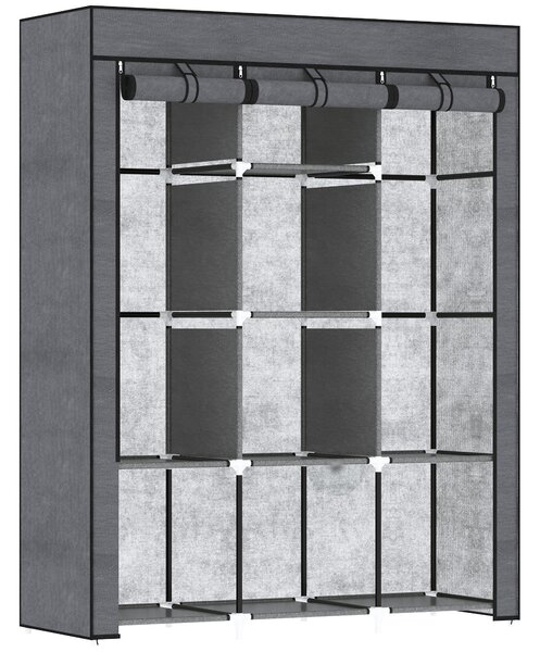 HOMCOM Guardaroba in Tessuto non Tessuto e Acciaio con 8 Ripiani e 2 Barre, 125x43x162.5 cm, Grigio Carbone