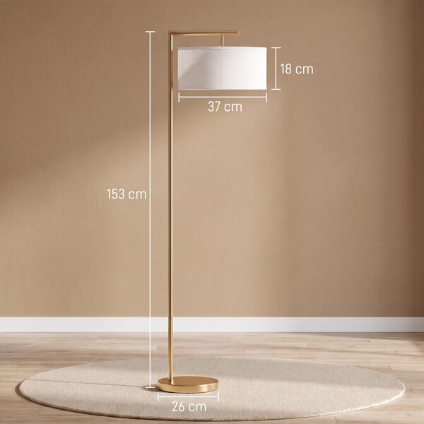 HOMCOM Lampada da Terra Moderna in Metallo e Paralume in Tessuto, Lampada da Lettura E27 47x37x153cm, Oro e Bianco