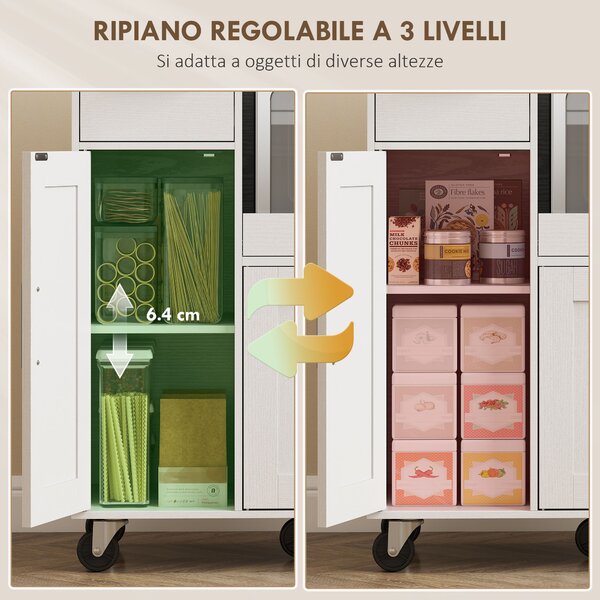 HOMCOM Mobiletto Microonde in Legno con Cassetto, 2 Armadietti, Ripiano Aperto e Piano Regolabile, 80x40x88.7 cm, Bianco | Aosom Italy
