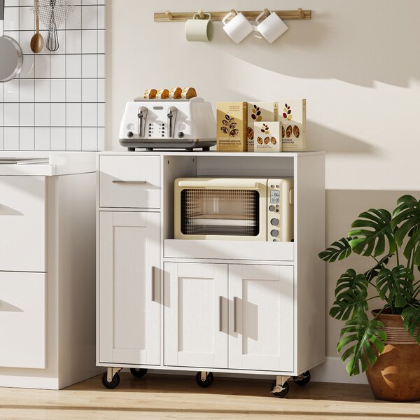HOMCOM Mobiletto Microonde in Legno con Cassetto, 2 Armadietti, Ripiano Aperto e Piano Regolabile, 80x40x88.7 cm, Bianco | Aosom Italy