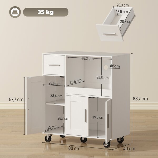 HOMCOM Mobiletto Microonde in Legno con Cassetto, 2 Armadietti, Ripiano Aperto e Piano Regolabile, 80x40x88.7 cm, Bianco | Aosom Italy