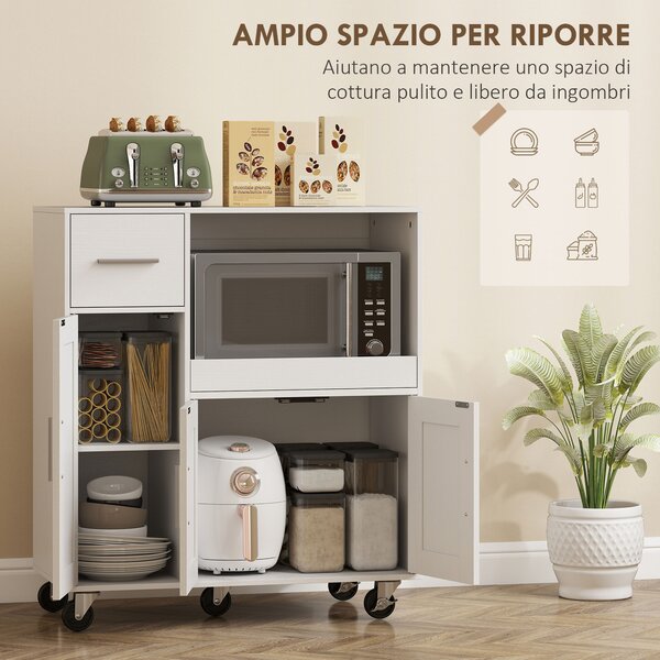 HOMCOM Mobiletto Microonde in Legno con Cassetto, 2 Armadietti, Ripiano Aperto e Piano Regolabile, 80x40x88.7 cm, Bianco | Aosom Italy