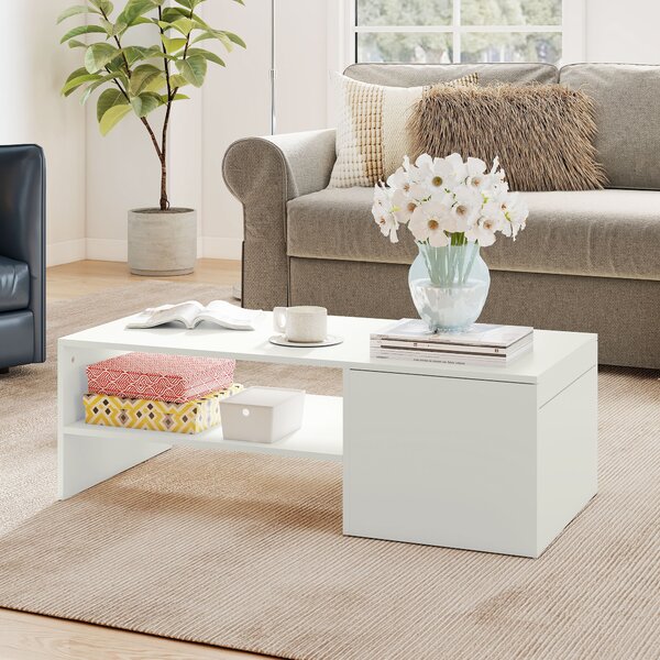 HOMCOM Tavolino da Caffè in Legno con Piano Scorrevole e Ripiano Aperto e a Scomparsa, 110x52x36 cm, Bianco | Aosom Italy