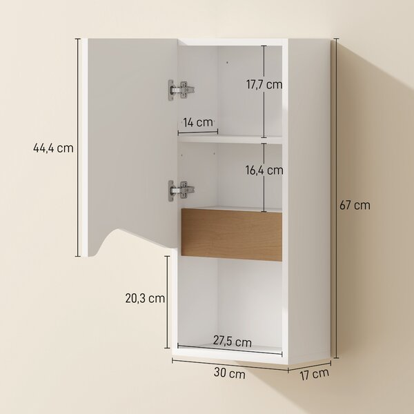 HOMCOM Pensile Bagno con Ripiano Aperto e Armadietto con Scaffale Regolabile, in Legno, 30x17x67 cm, Bianco e color Legno | Aosom Italy