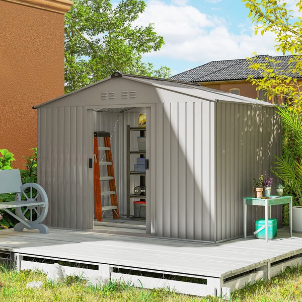 Outsunny Casetta da Giardino con Prese d'Aria e Tetto Inclinato, Doppia Porta Scorrevole Bloccabile, Grigio Argento | Aosom Italy