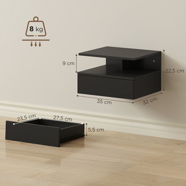 HOMCOM Set di 2 Comodini Sospesi con Cassetto e Mensola Aperta, 35x32x22.5 cm, Nero | Aosom Italy