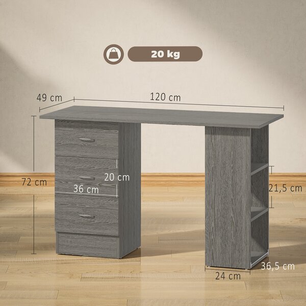 HOMCOM Scrivania Moderna con 3 Cassetti e 3 Ripiani per Camera e Ufficio, in Legno, 120x49x72 cm, Grigio | Aosom Italy