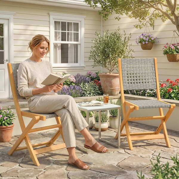Outsunny Set di 2 Sedie Pieghevoli da Giardino in Rattan PE e Legno di Acacia, Supporto fino a 160 kg, Grigio | Aosom Italy