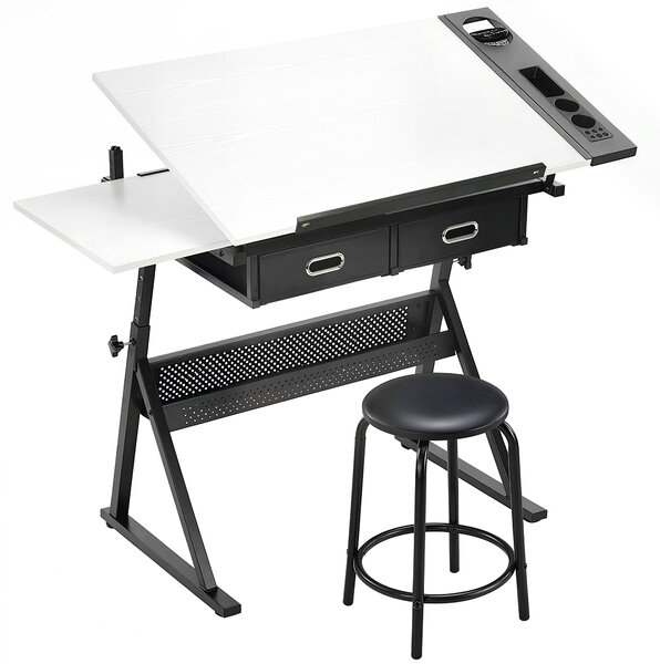 HOMCOM Tavolo da Disegno Regolabile, Scrivania e Sgabello per Disegno e Lavoro, Bianco | Aosom Italy