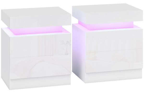 HOMCOM Set 2 Comodini LED a 16 Colori e 4 Modalità con 2 Cassetti, in Legno, 45x35x52 cm, Bianco Lucido | Aosom Italy