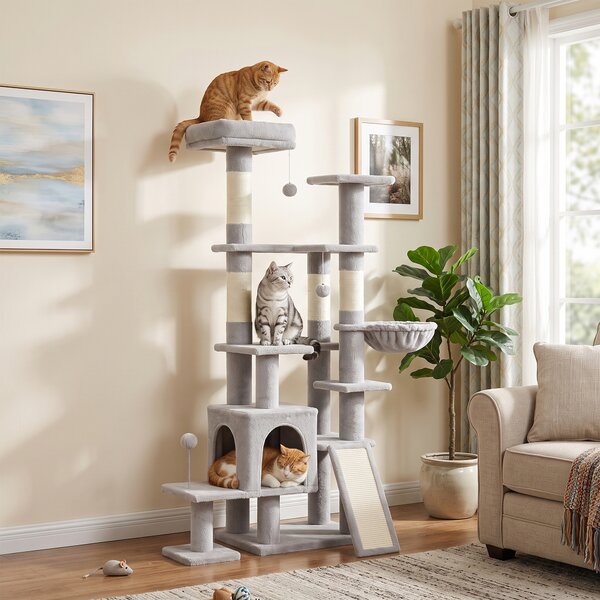 Albero Tiragraffi Multilivello per Gatti 78x40x152 cm con 4 Pali in Sisal Truciolare e Peluche Grigio Chiaro