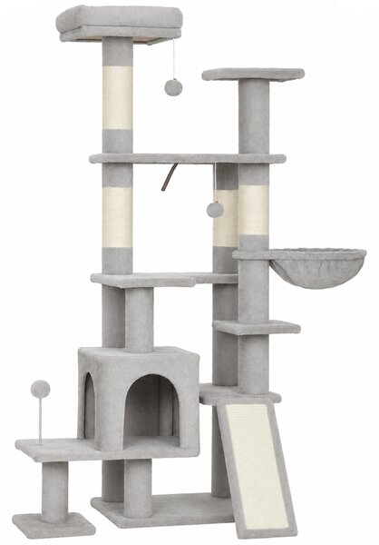 Albero Tiragraffi Multilivello per Gatti 78x40x152 cm con 4 Pali in Sisal Truciolare e Peluche Grigio Chiaro