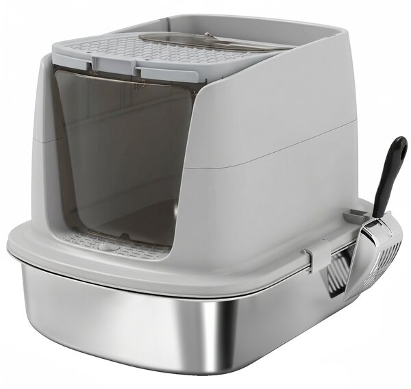 Lettiera per Gatti Chiusa 52,4x41,3x39,8 cm con Coperchio Ribaltabile Doppia Porta Paletta in Acciaio Inox Grigio Chiaro