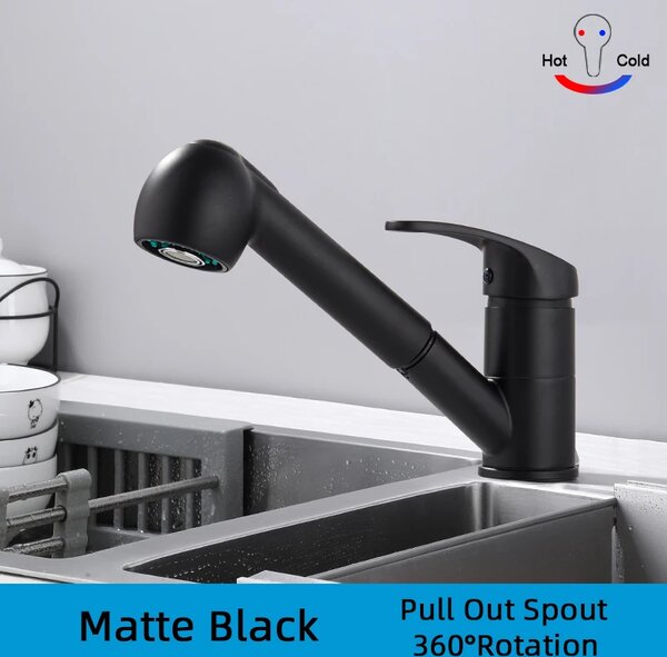 Rubinetto da cucina con gancio estraibile, rotazione a 360°, miscelatore per lavello con acqua calda e fredda, finitura cromata, nero