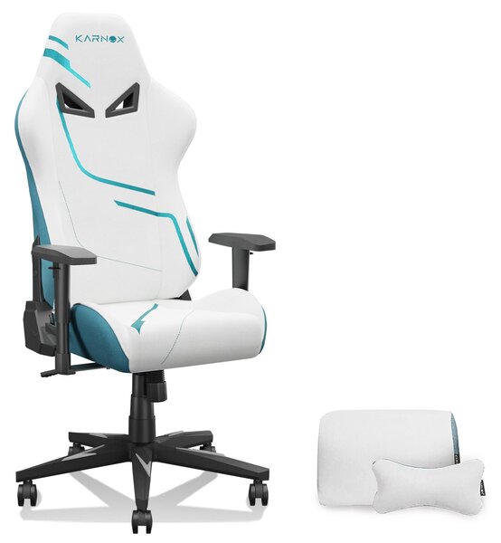 Sedia da gaming KORNOX, rivestita in tessuto, schienale alto, regolabile in altezza, con supporto lombare e poggiatesta, colore bianco e blu