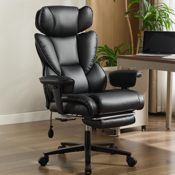 Sedia da ufficio con poggiapiedi e supporto lombare, ergonomica, con poggiatesta regolabile in altezza, in pelle, con funzione di inclinazione - colore nero
