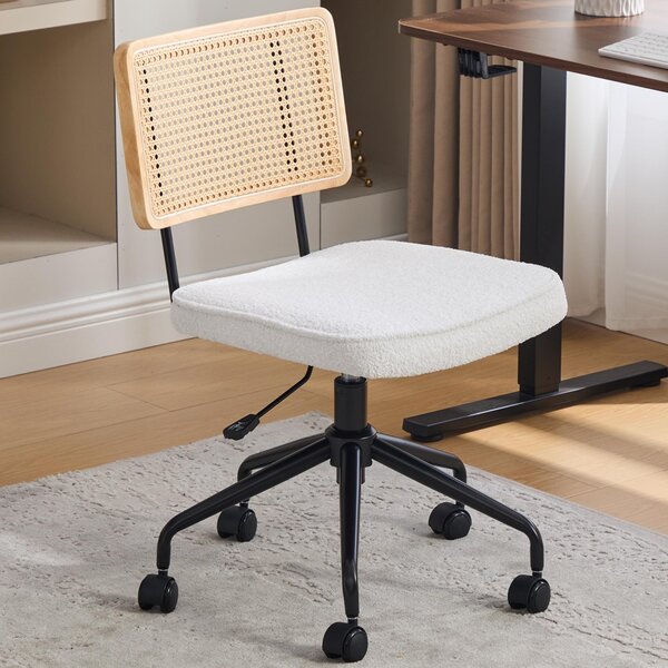 Sedia da ufficio vintage, girevole a 360°, con schienale in rattan e seduta imbottita in ecopelle