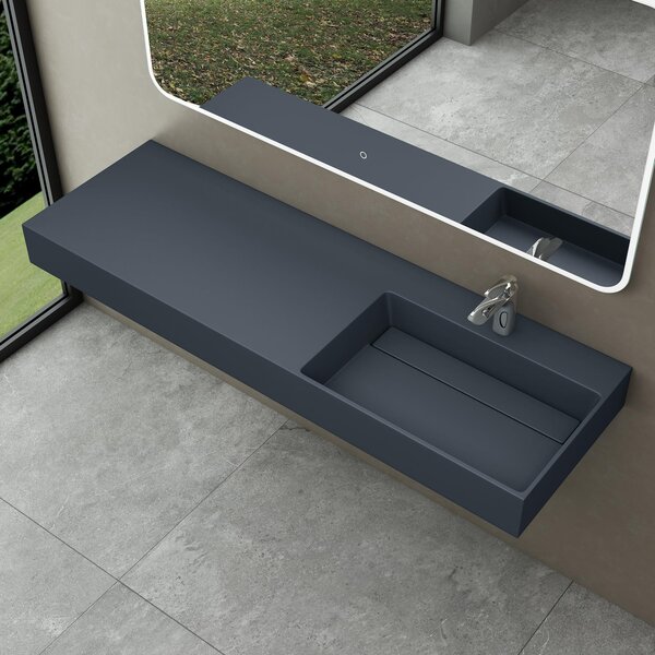 Doporro Lavabo Bagno Sospeso Lavabo da Appoggio Rettangolare in Marmo Resina Antracite Opaco, Vasca a Destra 150x48x13 cm con 1 Foro Rubinetto e Piletta Scarico, Colossum12
