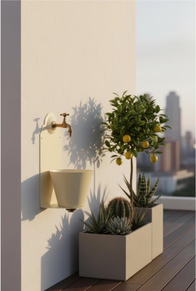 Fontana da Parete Giardino con Rubinetto e Secchio Removibile Dimensioni 23x25xh 50cm - peso 6,7kg con tubo rubinetto, Garantita contro la ruggine Colore Avorio