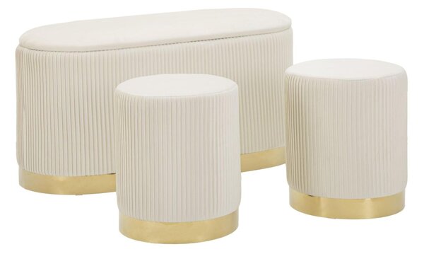 Panca e due sgabelli SET 3 PEZZI Contenitore SHOPY Crema e tessuto imbottito dimensioni 80x37x42-29x35cm peso 5 kg, rivestimento in tessuto imbottito crema -oro