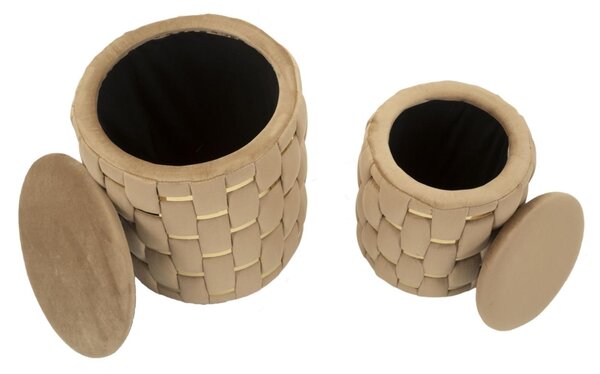 Puff rotondo SET 2 PEZZI Contenitore Shanty Oro in MDF e tessuto imbottito dimensioni � 27,5X36-18,5X27 cm peso 5 kg, rivestimento in tessuto imbottito crema