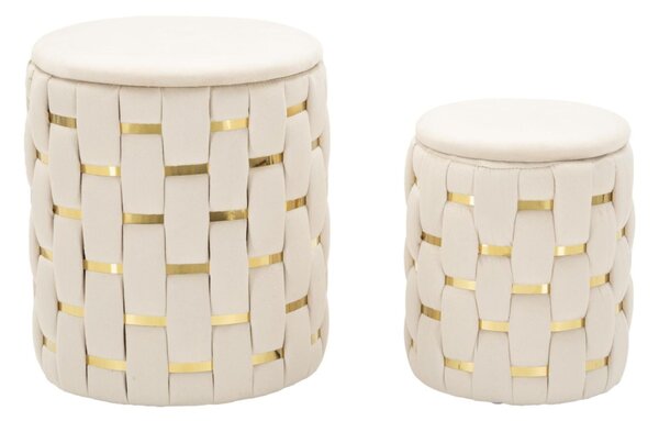 Puff rotondo SET 2 PEZZI Contenitore Shanty Crema in MDF e tessuto imbottito dimensioni � 27,5X36-18,5X27 cm peso 5 kg, rivestimento in tessuto imbottito crema -oro