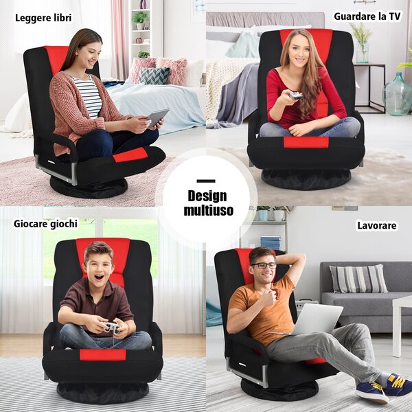 Costway Sedia da gaming pieghevole da terra, Sedia regolabile in 6 posizioni con base girevole a 360°, Rosso