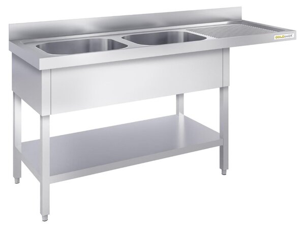 Lavello per lavastoviglie in acciaio inossidabile, a due vasche, dimensioni 1600x600 mm, con scolapiatti integrato a destra, modello PREMIUM - GOLDINOX