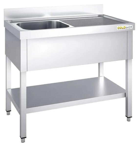 Lavello in acciaio inossidabile, dimensioni 1000x600 mm, con un vano a sinistra e un sistema di scolo a destra, linea PREMIUM - GOLDINOX