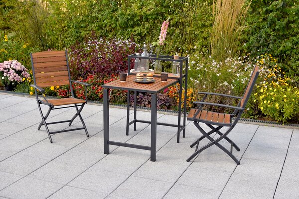 Set da balcone Merxx Santorin, 3 pezzi, 2 sedie pieghevoli, tavolo pieghevole da balcone 91 x 60 x 87 (74) cm - Alluminio/Acacia