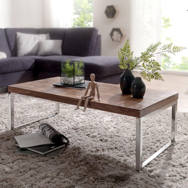 FineBuy Tavolino in legno massiccio di Sheesham 120x60x40 cm - Tavolo rettangolare da soggiorno con base a slitta cromata - Design industriale fatto a mano