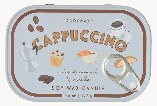 Candela profumata in latta stampata Cappuccino (cioccolato, ciliegia)