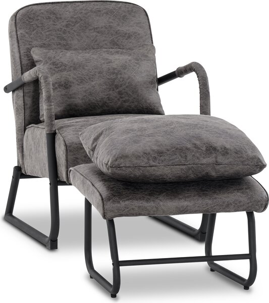 Poltrona MCombo con sgabello per soggiorno, poltrona relax retro vintage con cuscino in vita, poltrona lounge poltrona imbottita in tessuto microfibra, 4742 (grigio scuro)
