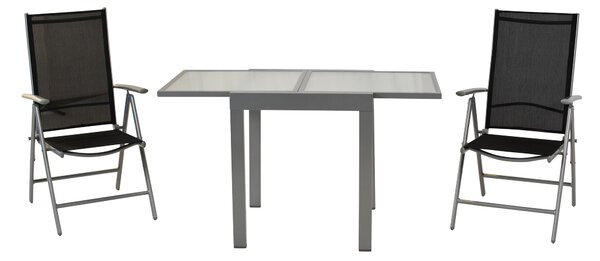 Set di mobili da giardino Merxx Amalfi 3 pezzi, 2 poltrone pieghevoli, tavolo allungabile da balcone 65 (130) x 65 cm, nero - alluminio/tessuto